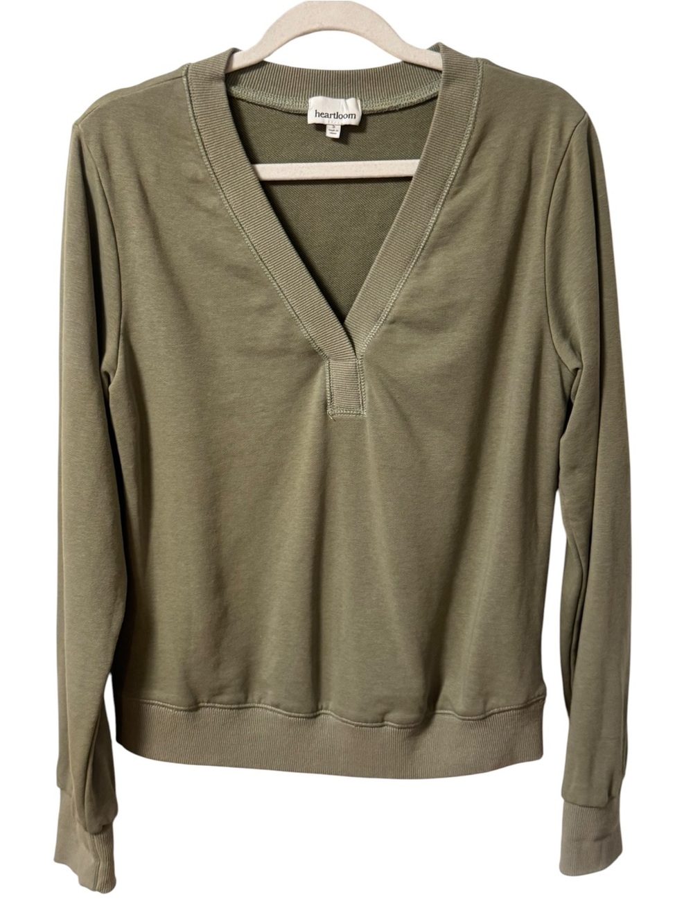 Heartloom Deep V Neck Sweatshirt Ribbed Detailing Women’s Small Green Cotton